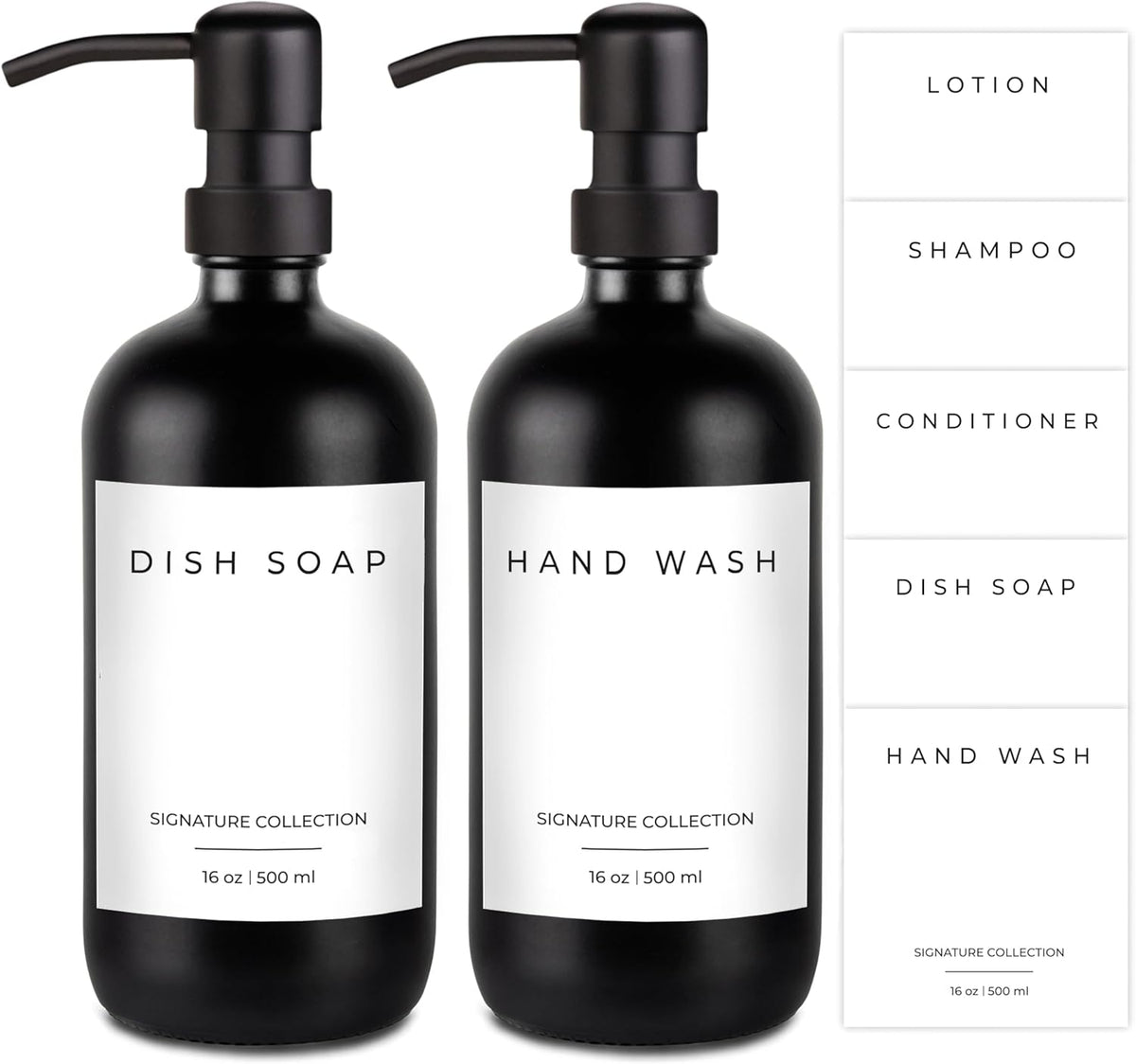 Emerson Essentials Soap Dispenser Set, Dish Soap for Kitchen, Bathroom Set - Hands and Dishes for Home, Farmhouse, Glass Soap Dispenser with Pump and Labels | 16 Oz, 2 Pack