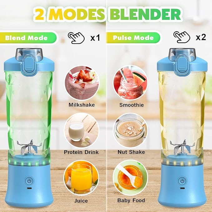 Portable Blender Personal Juicer for Shakes and Smoothies - 20 OZ Electric Protein Shaker Bottle with Insulated Sleeve, Travel Lid, USB-C Rechargeable - Mini Small Blender Cup for Kitchen, Office, Gym