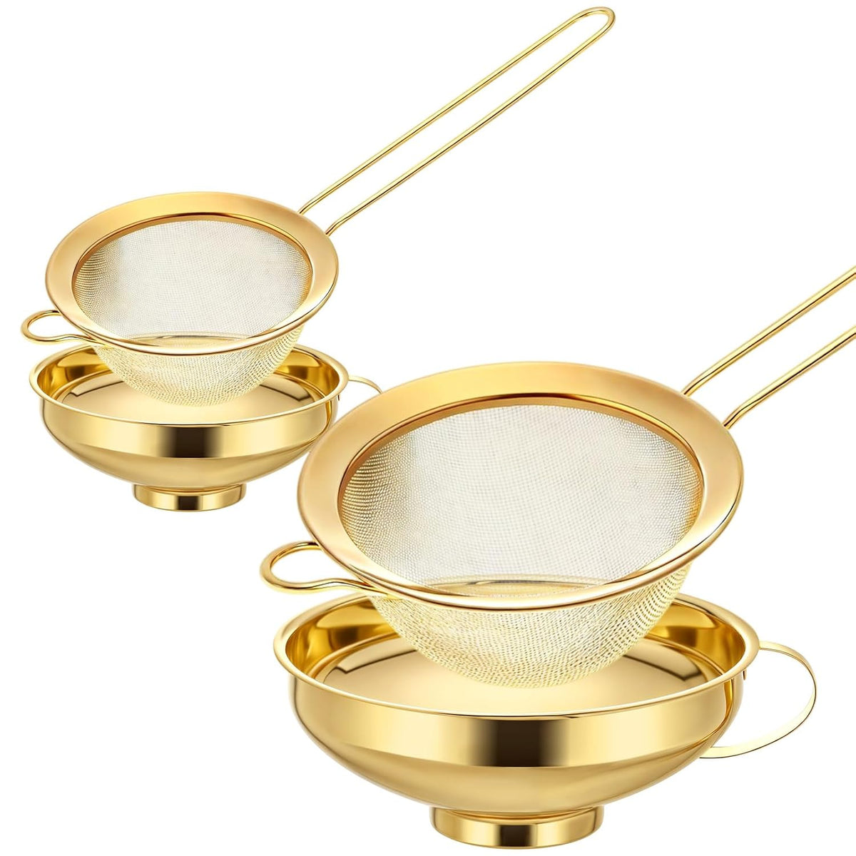 Boao 4 Pieces Stainless Steel Funnels with Fine Mesh Strainer, Household Kitchen Canning Funnels with Stainless Steel Colander (Gold)