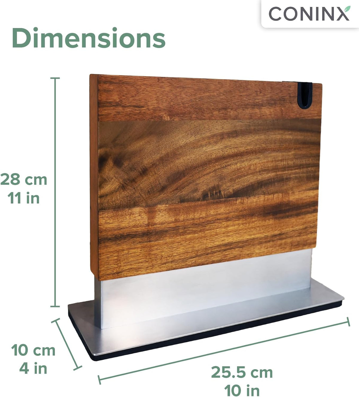 Coninx Magnetic Knife Block with Integrated Sharpener - Double Sided Walnut Wood Knife Holder - Universal Knife Stand with Non-Slip Base for Kitchen Countertop