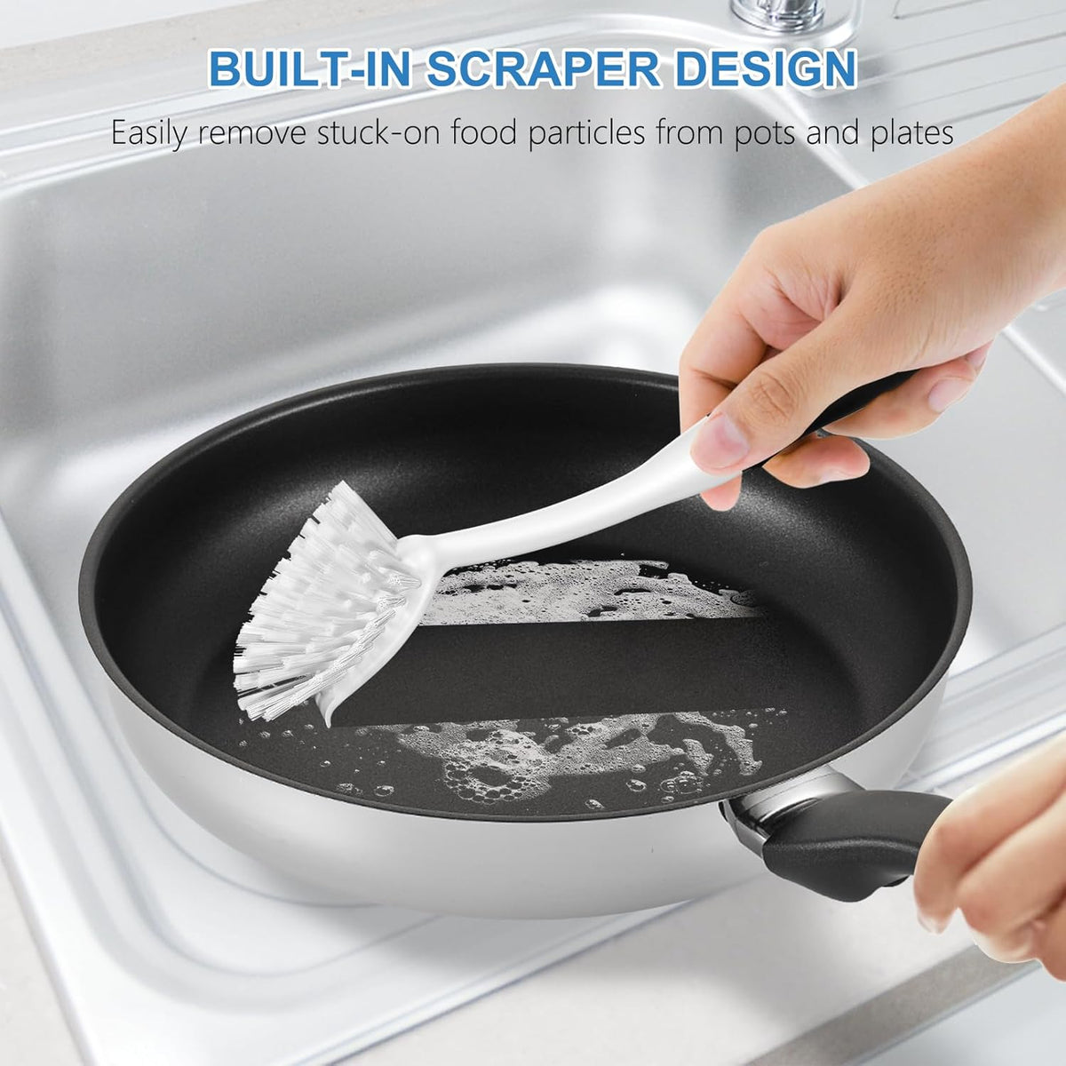 SetSail Dish Brush with Handle, 2 Pack Stiff Bristles Dish Scrubber with Built-in Scraper Dish Scrub Brushes for Cleaning Dishes, Pots and Pans, Kitchen Sink, White