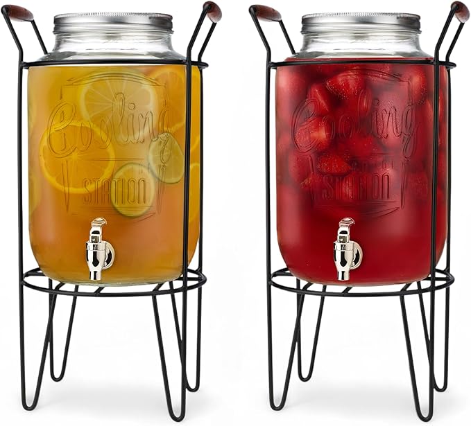 2 PACK-2 GALLON Drink Dispensers for Parties, Cooling Station Beverage Dispensers with Stand, Glass Water Jug Dispenser, 100% Leakproof Spigot Perfect For And Daily Use