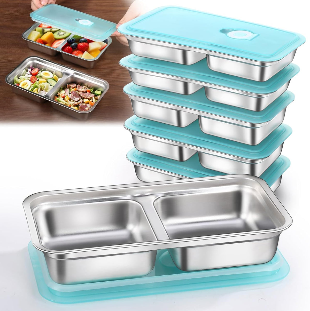 6 Pack Stainless Steel Snack Containers Reusable, Grab and Go 2 Compartment Food Storage Containers with Leakproof Lids for Travel and Outdoor Camping School Lunch Prep Dishwasher Safe