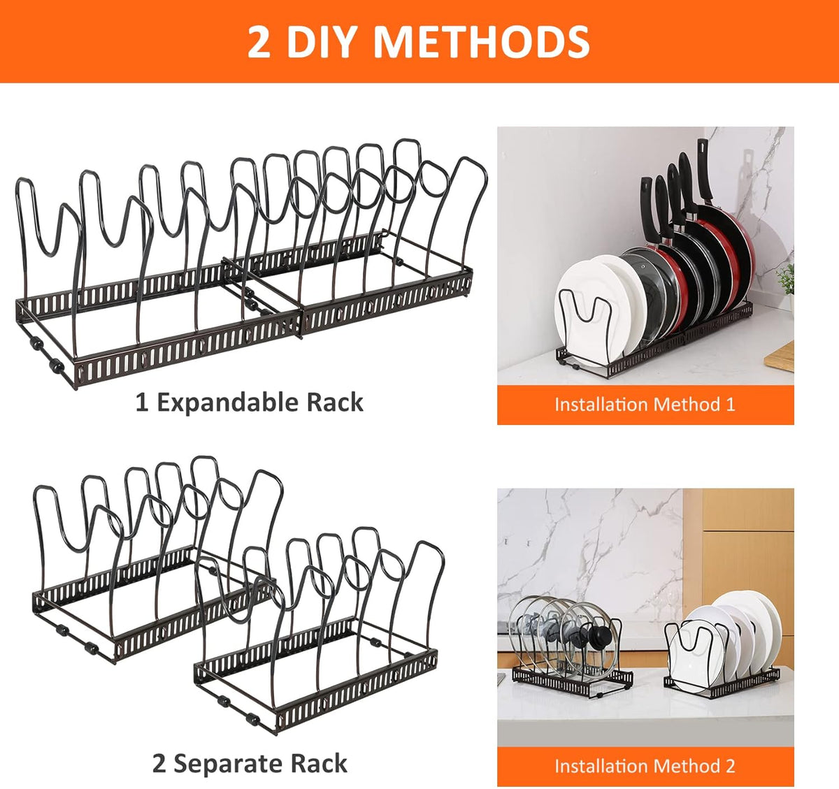 Pot Rack Organizer -Expandable Pot and Pan Organizer for Cabinet,Pot Lid Organizer Holder with 10 Adjustable Compartment for Kitchen Cabinet Cookware Baking Frying Rack,Bronze