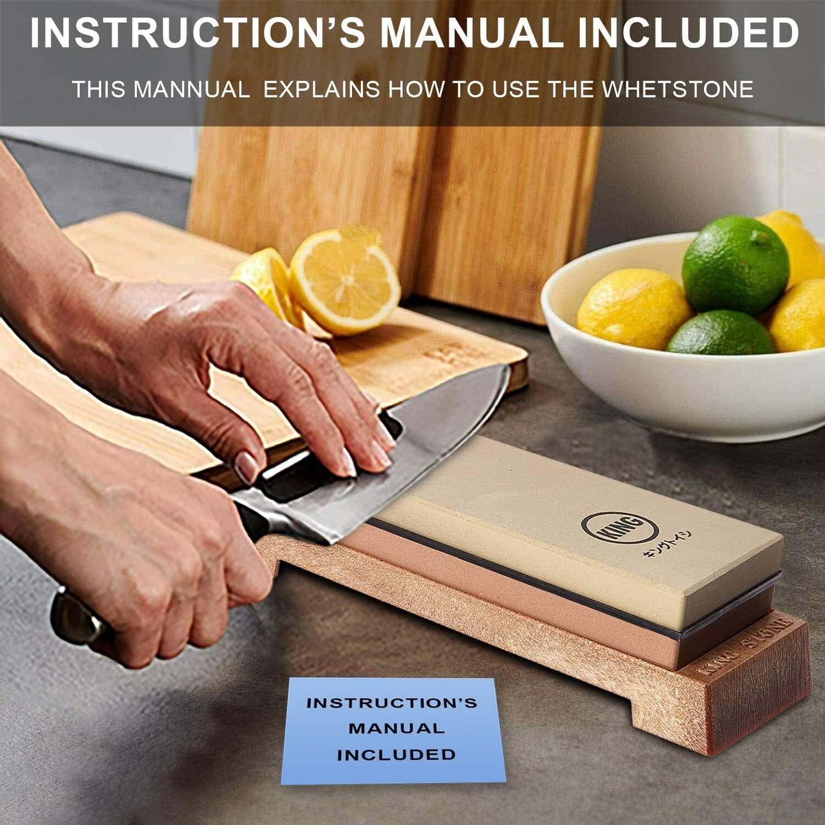 Japanese Knife Sharpener 1000/6000 Grit and Knife Angle Holder Set by B&B japan for Stainless Steel Cutlery and Pointed Carver, Best for Long-Lasting Sharpness, "KING" Trade Mark