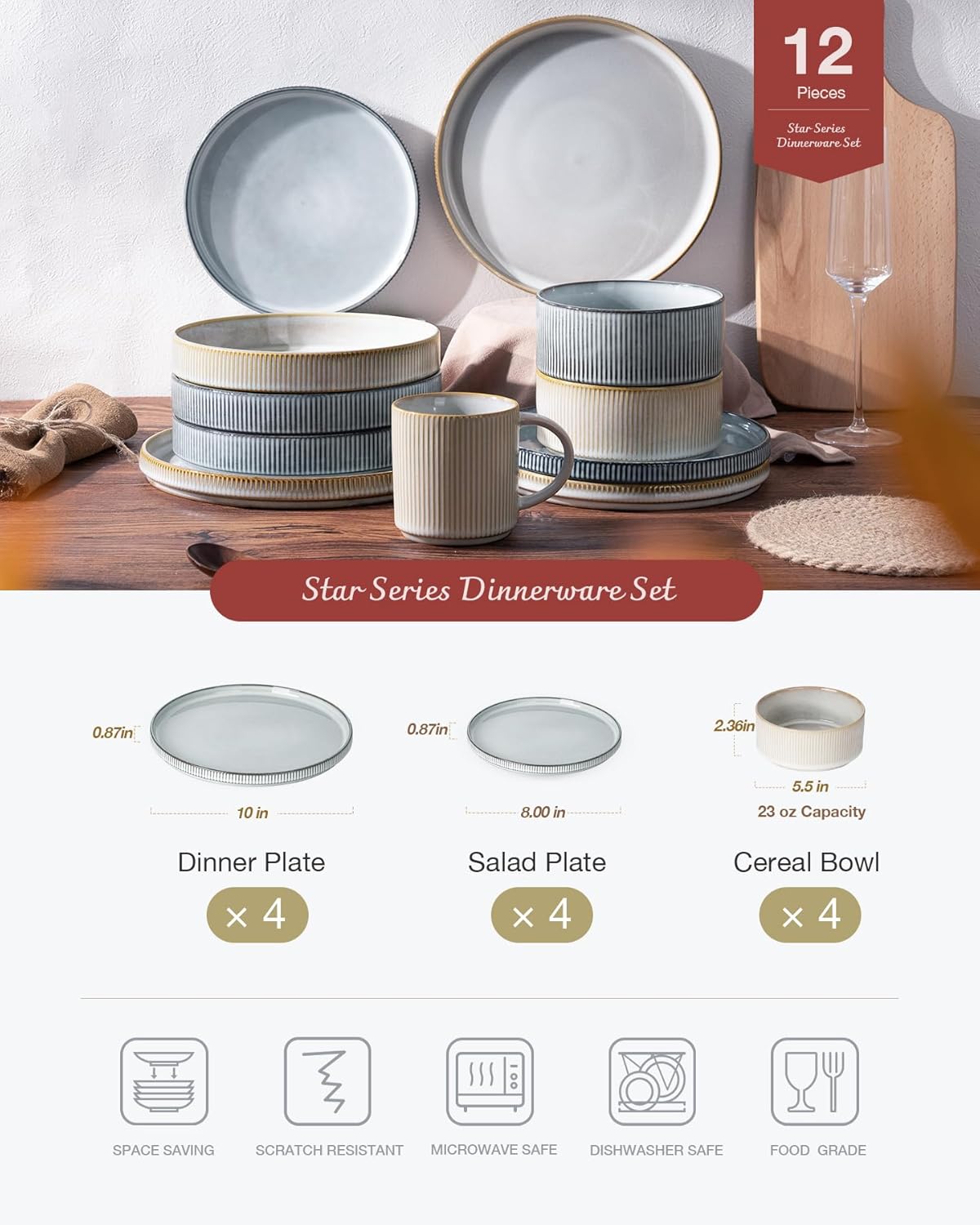 Famiware Star Dinnerware Set, Plates and Bowls Sets for 4 (12pcs), Ribbed Stoneware Dishes - Chip & Scratch Resistant, Microwave & Dishwasher Safe, Multicolor - Cappuccino White & Smoky Blue
