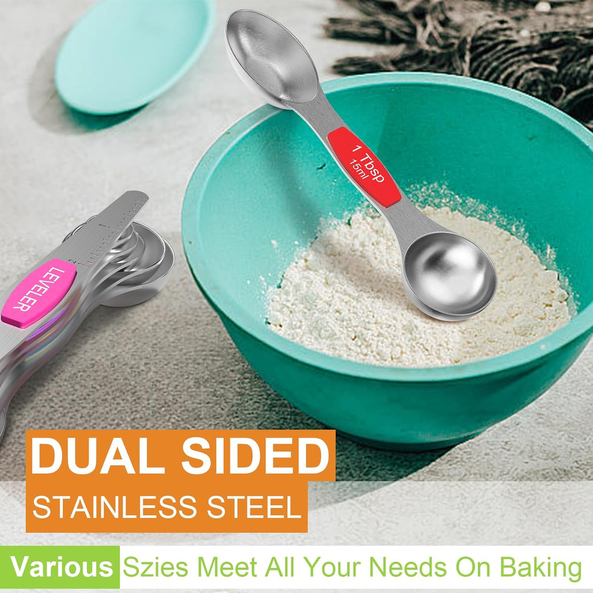 Magnetic Measuring Spoons Set - Wildone Stainless Steel Double Sided Measuring Spoons Set of 7, for Dry and Liquid Ingredients, including 6 Heavy Duty Nesting Spoons, 1 Leveler, Fits in Spice Jar
