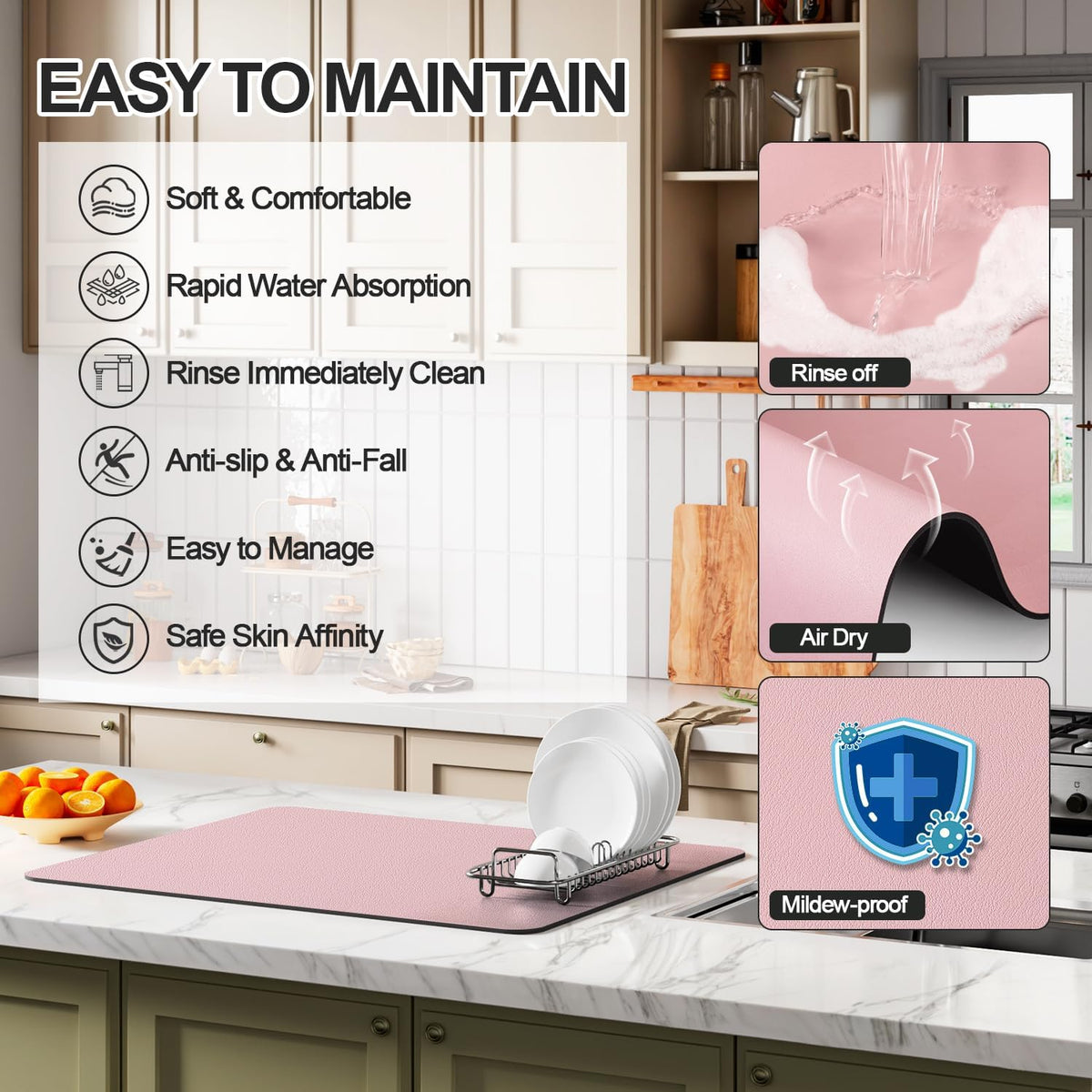 Dish Drying Mat for Kitchen Counter | Coffee Bar Mat for Countertops | Heat Resistant Drainer Mat with Non-slip Rubber Backed | Hide Stain Kitchen Absorbent Draining Mat | Pink 18"x24"