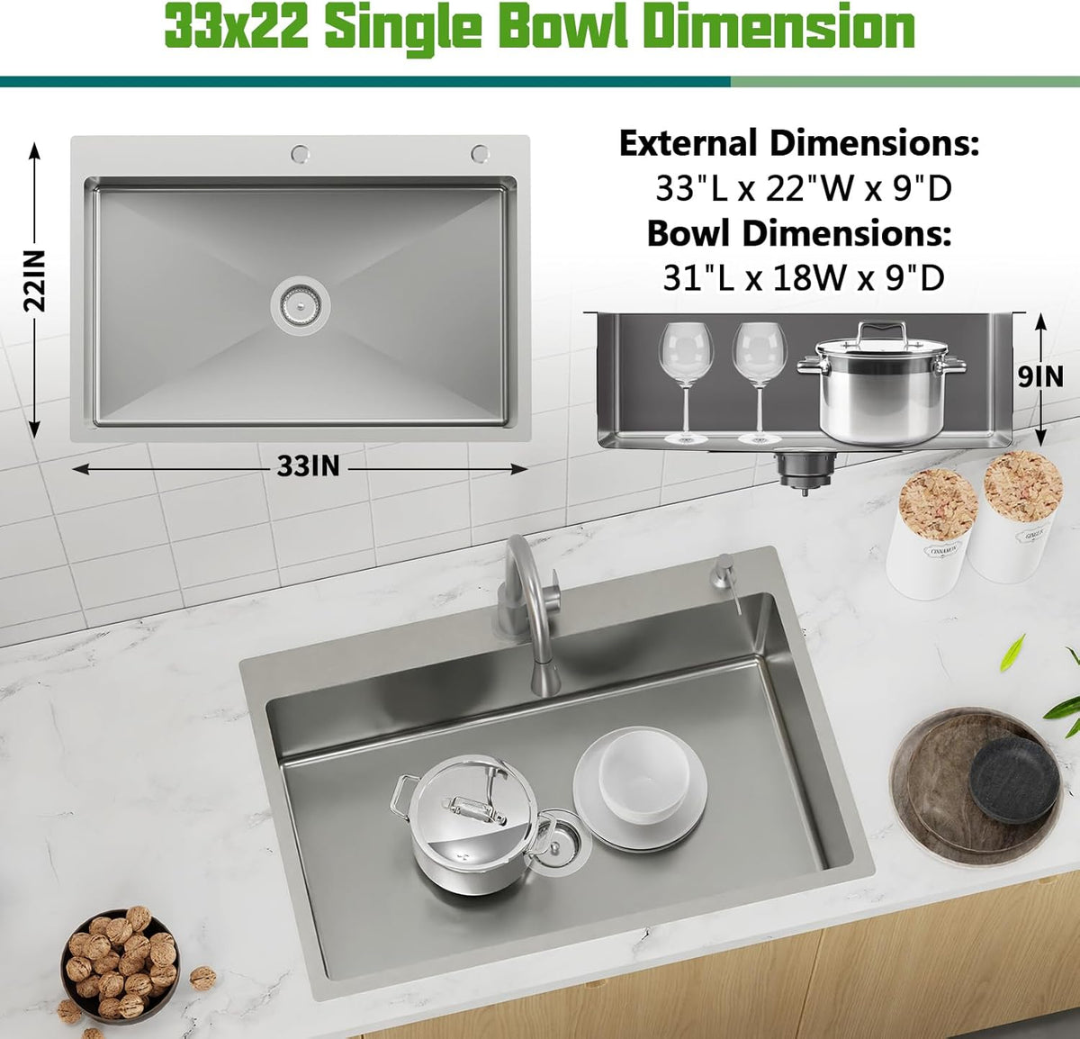 Kitchen Sink, 33x22 Inch Stainless Steel Drop In Modern Single Bowl Topmount Kitchen Sink Combo-Silicon Mat,Drain Strainer Set Offering Large Basin And Compatibility With Various Kitchen&Bar Style