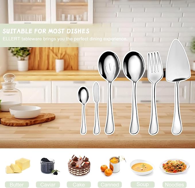 Serving Utensil Set,6piece Serving Utensil Setwith Serving Spoons，Serving Forks，Serving Tongs Soup Ladle and Pie Server Buffet Catering Serving Utensils,Dishwasher Safe (5.5-11Inch-Serving Set-6pcs)