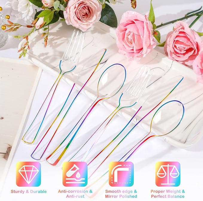 Supernal 120 PCS Clear Plastic Silverware Heavy Duty - Disposable Utensils Rainbow Colorful Silverware Set Include 40 Forks, 40 Knives and 40 Spoons for Trolls/Birthday Party, Baby Shower Decorations