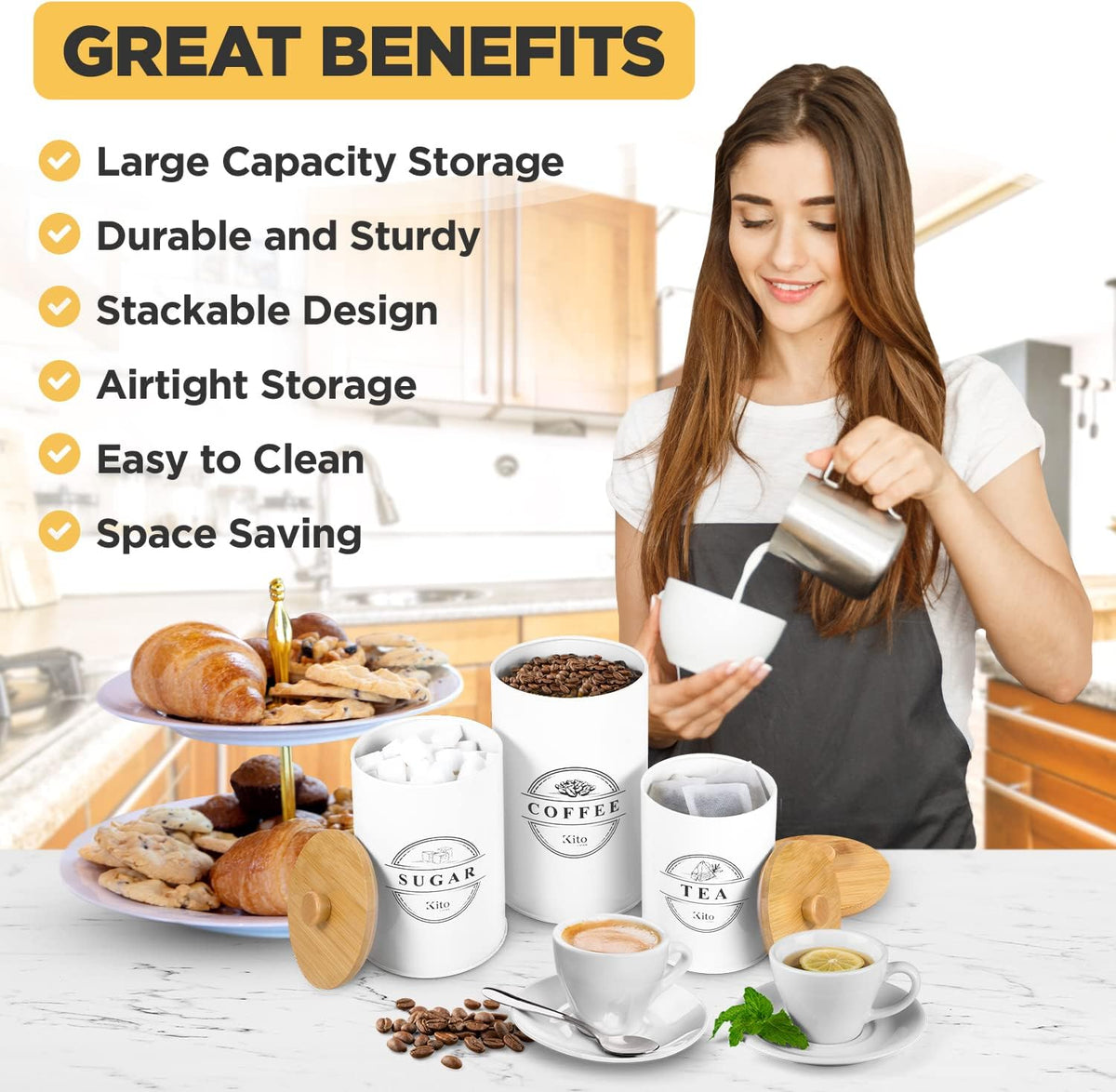 Canisters Sets for Kitchen Counter Storage and Organization with Wooden Bamboo Lids, Food Pantry Containers, Stackable Steel Storage Bins, Airtight Sugar Tea Coffee Canisters - White