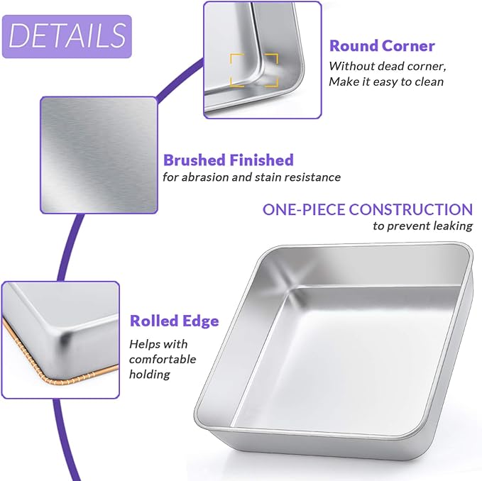 8 x 8-Inch Baking Pan, E-far Square Cake Brownie Baking Pans Stainless Steel Bakeware Set of 3, Fits in Small Toaster Oven, Non-toxic & Dishwasher Safe