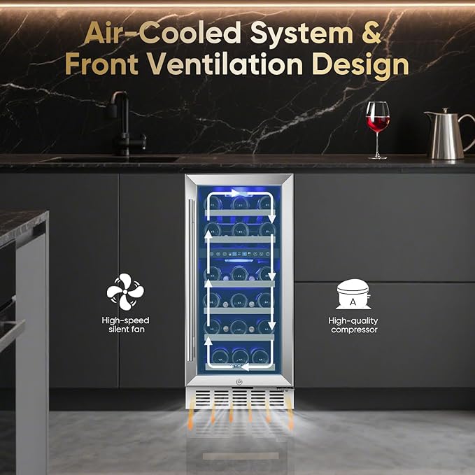 15 Inch Wine Cooler Under Counter, 30 Bottle Dual Zone Wine Fridge with Stainless Steel Glass Door, Built-In or Freestanding Wine Cellar with Digital Temperature Control for Home, Kitchen, or Office