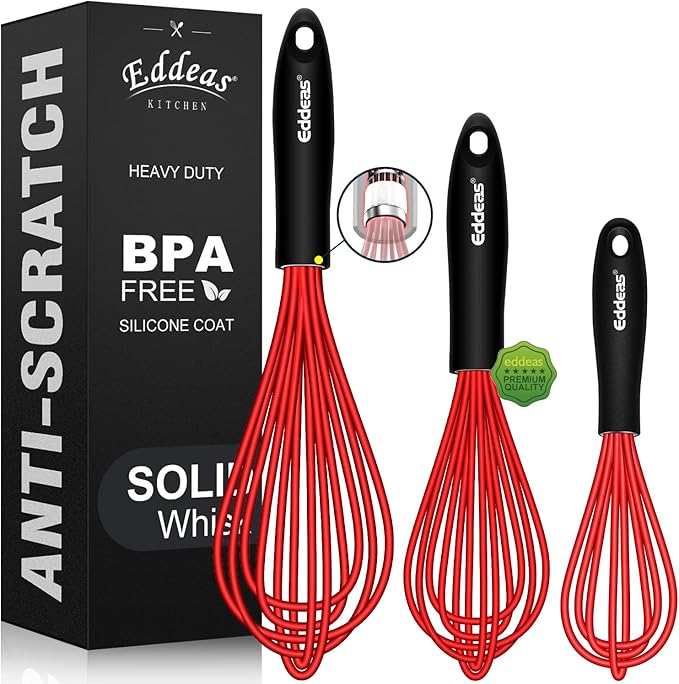 Silicone Whisk, 500°F Heat Resistant Whisks For Cooking, Non-Scratch Coated Whisks set of 3 7",9"&11inch, Balloon Kitchen Wisk tool Set, for Wisking, Blending, Beating, Stirring, Red