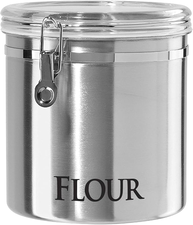 OGGI Stainless Steel Canister 62oz - Airtight Clamp Lid, Clear See-Thru Top. Large Size 5" x 7.5" & Jumbo 8" Stainless Steel Flour Clamp Canister - Airtight Food Storage Container Ideal, Dry Foods