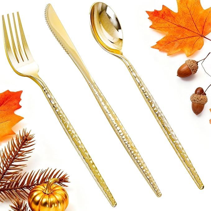 Rubtlamp 90Pcs Thanksgiving Gold Plastic Silverware, Gold Disposable Thanksgiving Utensils, Hammered Plastic Silverware, Gold Plastic Forks And Spoons Set Include 30 Forks, 30 Knives,30 Spoons