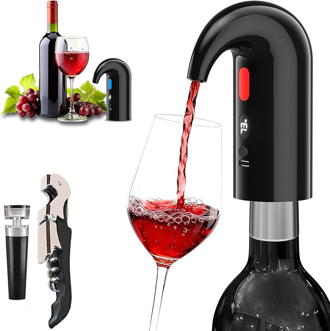 Electric Wine Aerator & Decanter Pump – Quiet Dual-Pump Aeration, Measured Pouring, Temp Display & USB Rechargeable System – Professional Wine Tool for Home Bars (Black)