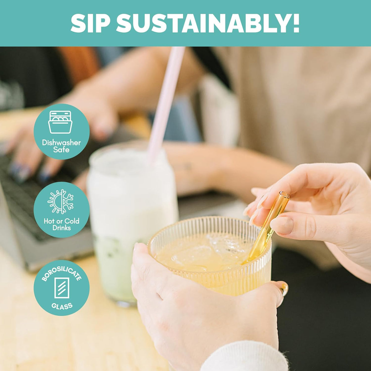 Simply Straws 6 Inch Glass Straws Bent (6-Pack) – Reusable Glass Straws for Low Balls & Stemless Glasses, with Cleaning Brush – Dishwasher Safe, Hot & Cold Use, BPA-Free (Iridium)