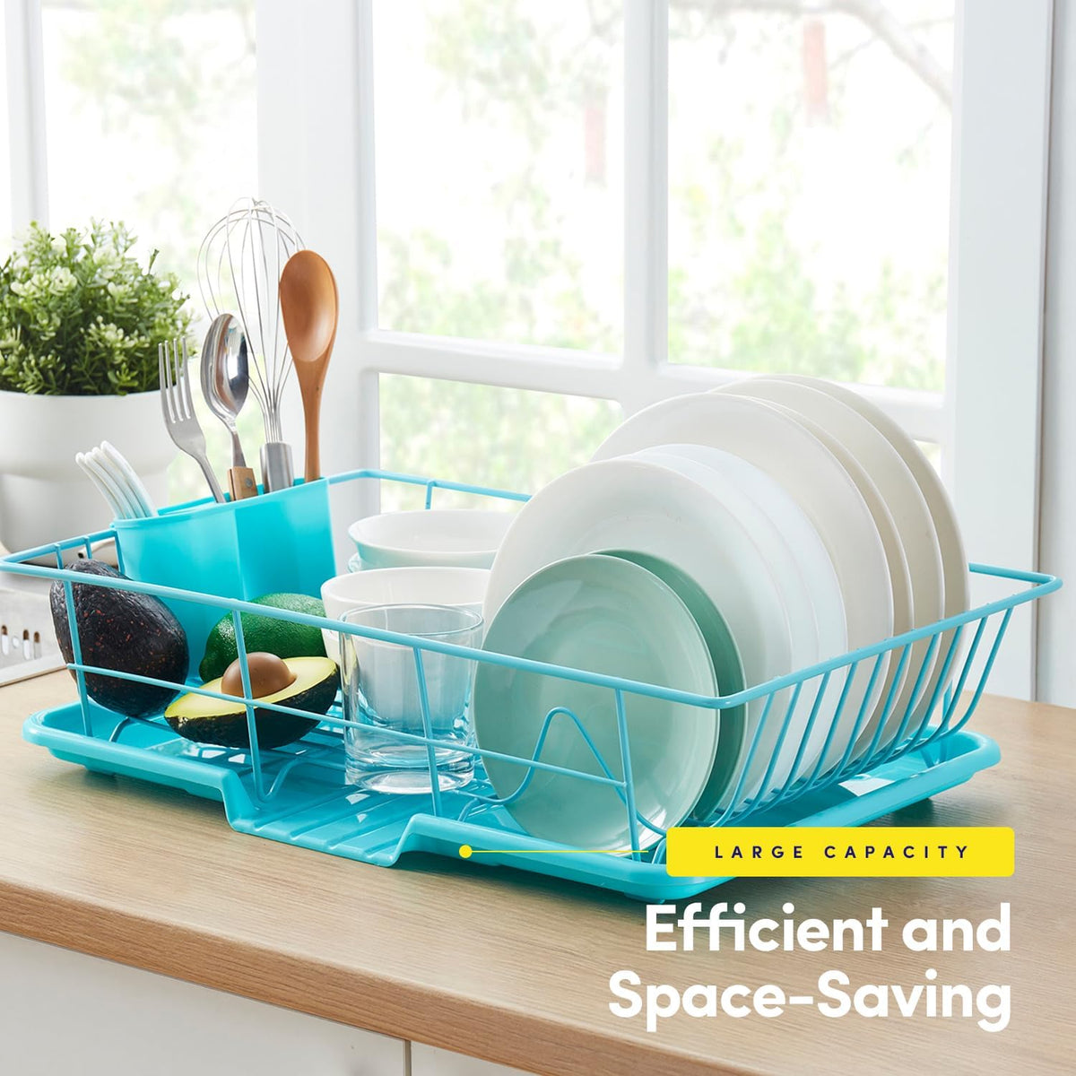Space-Saving 3-Piece Dish Drainer Rack Set: Efficient Kitchen Organizer for Quick Drying and Storage - Includes Cutlery Holder and Drainboard - Maximize Countertop Space, Turquoise Blue