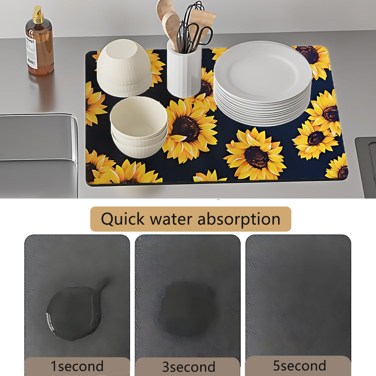 Dish Drying Mat Foldable Fall Kitchen Drying Mat Absorbent Sink Mat Multi-Purpose Coffee Pad Easy To Clean,Kitchen Gadgets,sunflower decor(sunflower) (16inches*20inches)
