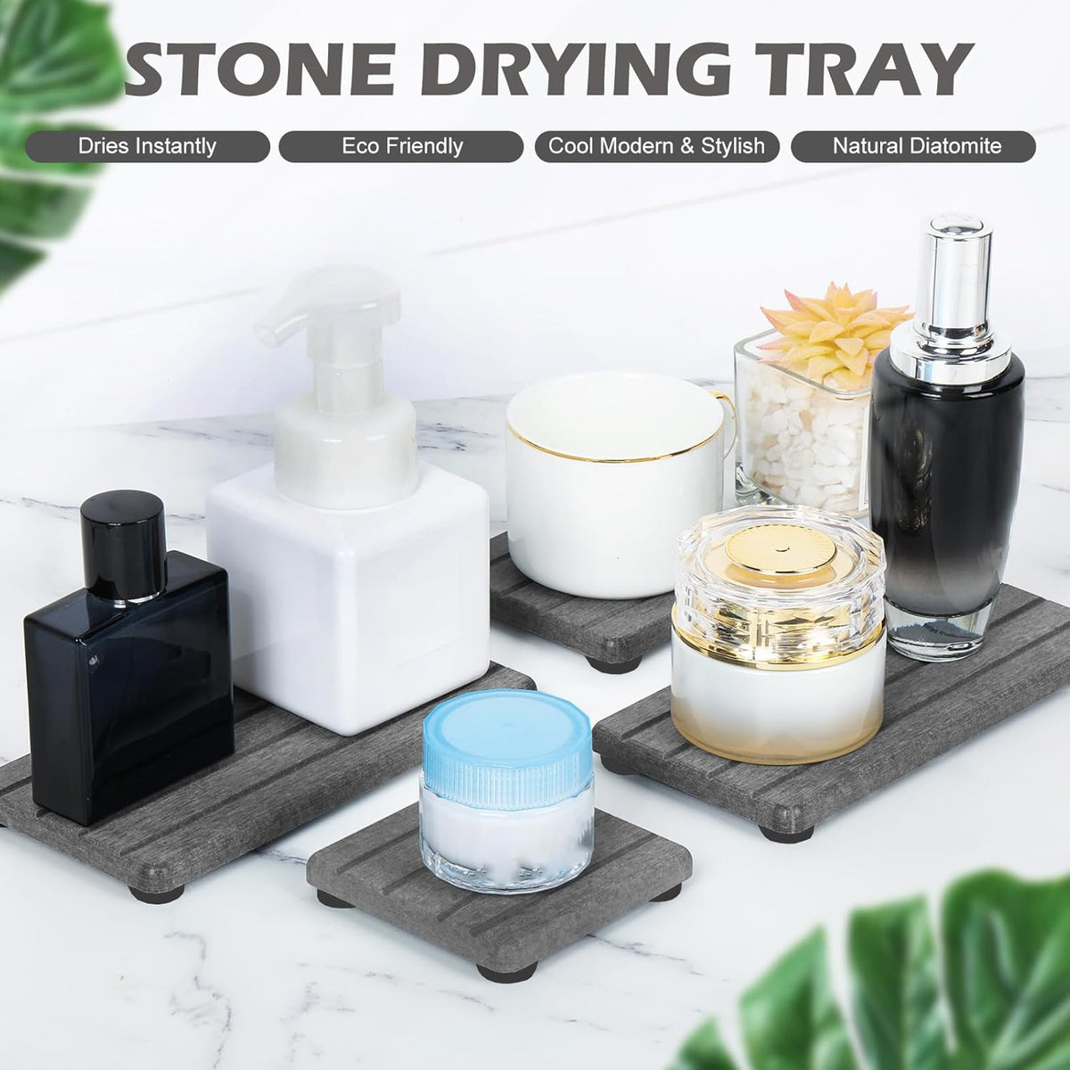 4PCS Stone Drying Tray for Bathroom Sink and Kitchen Counter, Fast Drying Diatomite Stone Sink Tray Soap Trays, Diatomaceous Coaster, Water Absorbing Stones Trays for Sinks