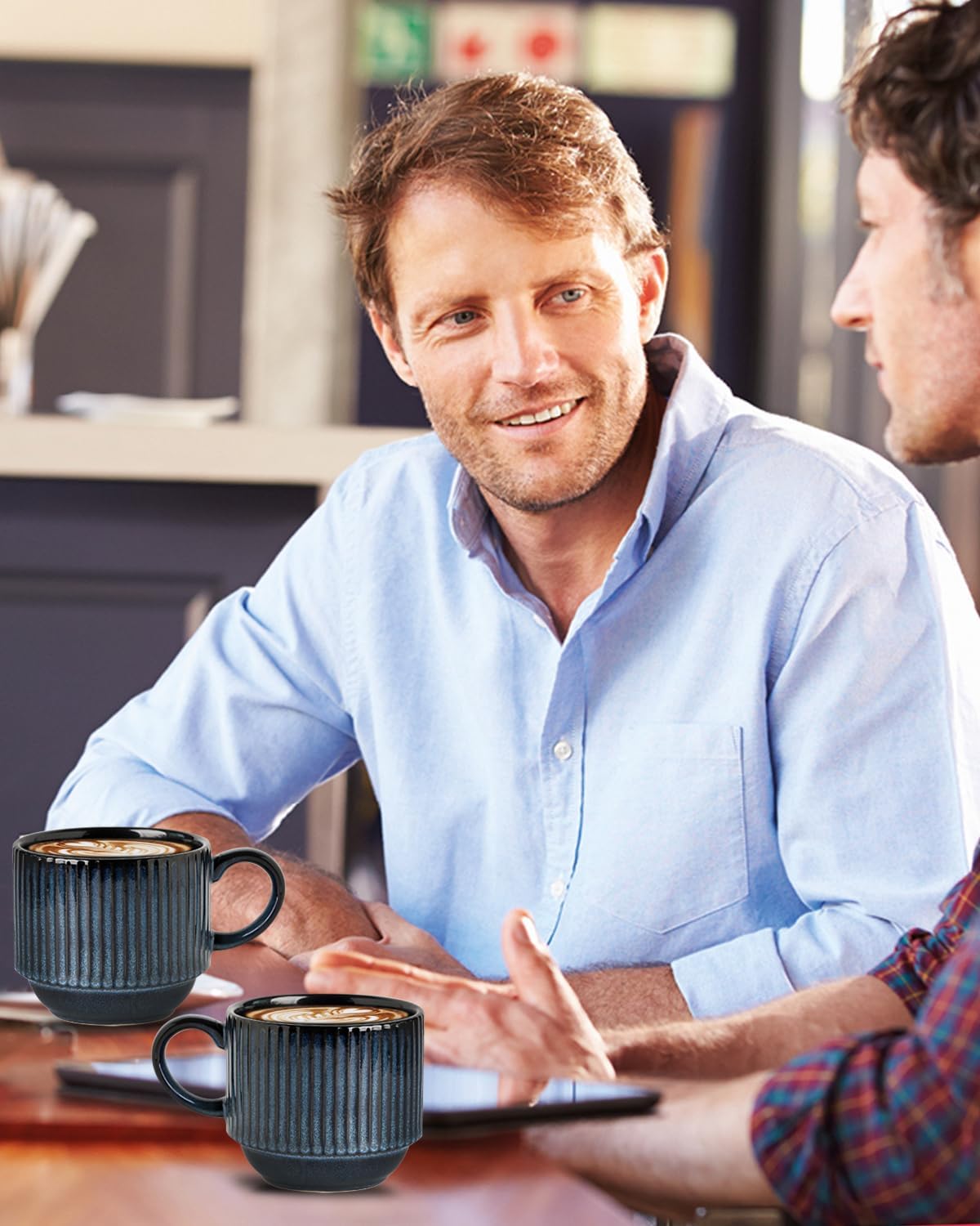 Hasense Coffee Mug Ceramic Set of 2 with Stand - 15 oz Stackable Coffee Cups for Wedding & Housewarming Gifts - Microwave Dishwasher Safe, Navy Blue