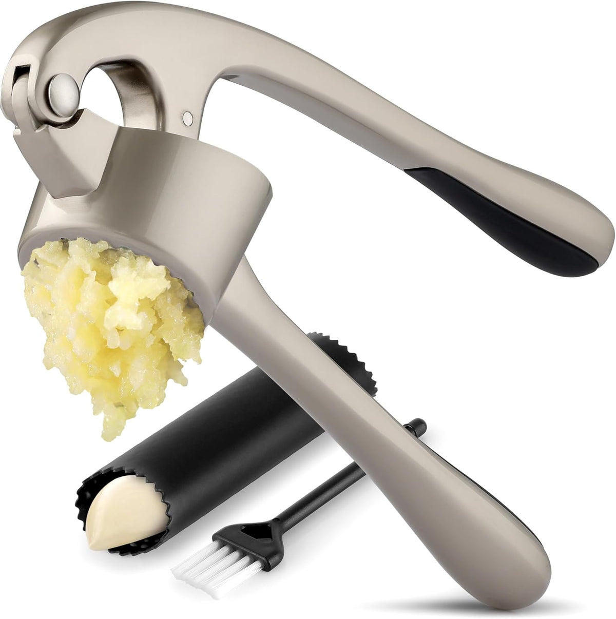 Zulay Kitchen Large Premium Garlic Press Set - Bigger Bowl for Bigger Garlic - Rust Proof & Dishwasher Safe Garlic Mincer Tool - Easy-Squeeze, Easy-Clean Silicone Garlic Peeler & Brush (Silver)