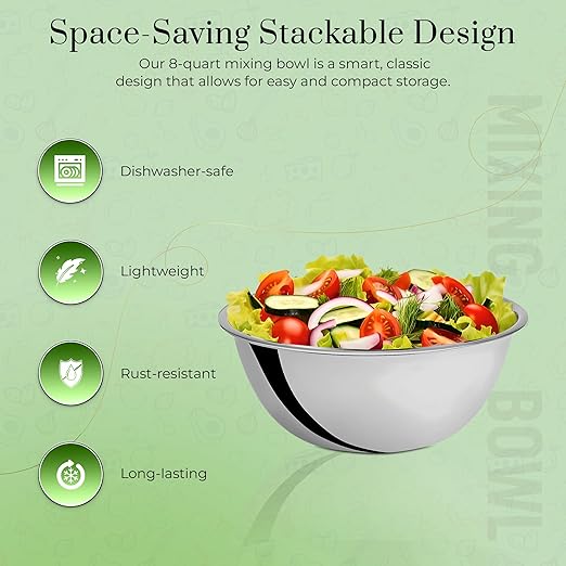 OCS Parts 8 Quart Mixing Bowl | 13.25-Inch Stainless Steel Professional Grade Flat Base Mixing Bowls for Home and Commercial Kitchens