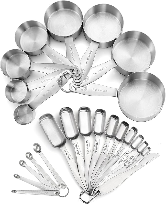 Measuring Cups and Spoons Set of 24 Piece in 18/8 Stainless Steel, Heavy Duty 8 Measuring Cups, 10 Measuring Spoons, 1 Leveler & 5 Mini Measuring Spoons Ideal for Dry and Liquid Ingredients