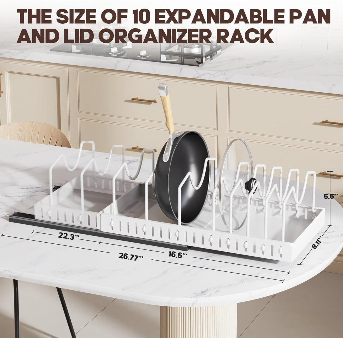 Pull Out Pots and Pans Organizer Under Cabinet, Expandable Sliding Lid Holder and Pan Rack for Kitchen, Slide Out inside Cabinet for Pot Lid, Bakeware, Dishes, 10 Adjustable Dividers, 2 Pack White