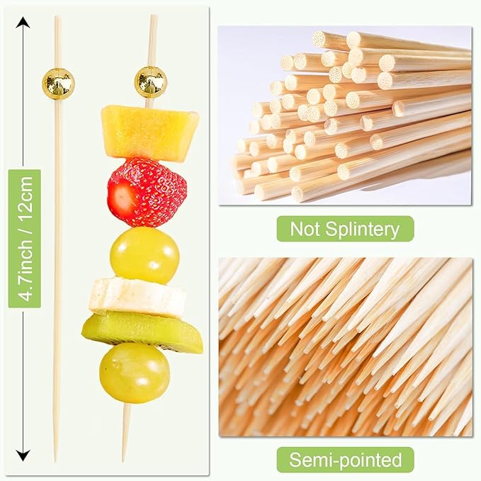 300Pcs Fancy Toothpicks for Appetizers,4.7Inch Gold Pearl Cocktail Picks For Drinks,Bamboo Appetizer Skewers for Charcuterie Boards Accessories,Martini, Sandwich,Desserts,Fruit,Gold Party Decorations