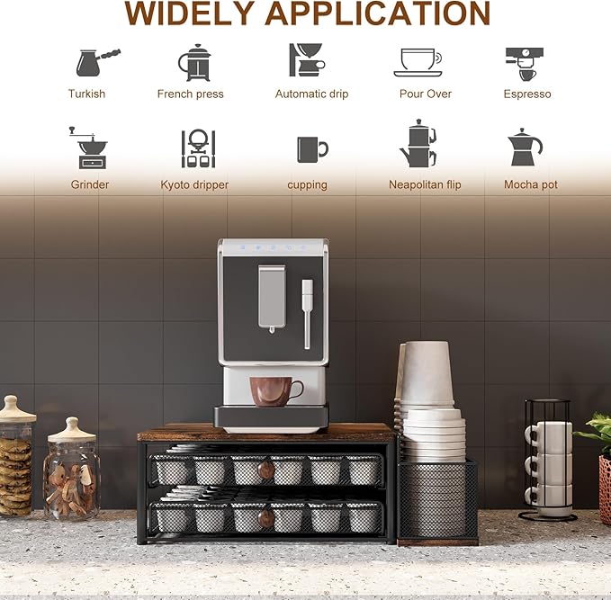 TQVAI K Cup Holder - 60 Capsule Capacity 2 Tier Sliding Pods Storage Drawer with Disposable Cups & Lids Holder, Coffee Bar Station Organizer for Countertop, Black