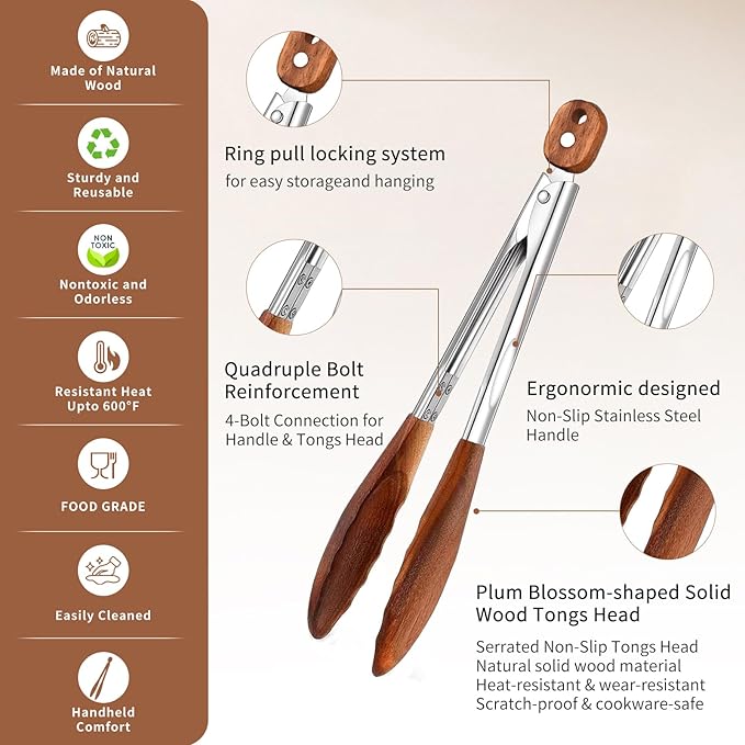 Wooden Tongs for Cooking Set of 2 (9" and 12") Natural Walnut Wooden kitchen Tongs for Grilling, Serving, BBQ and Tossing Salad etc | Ergonomic Stainless Steel Non-Slip Grip, Heat Resistant, Pull Lock