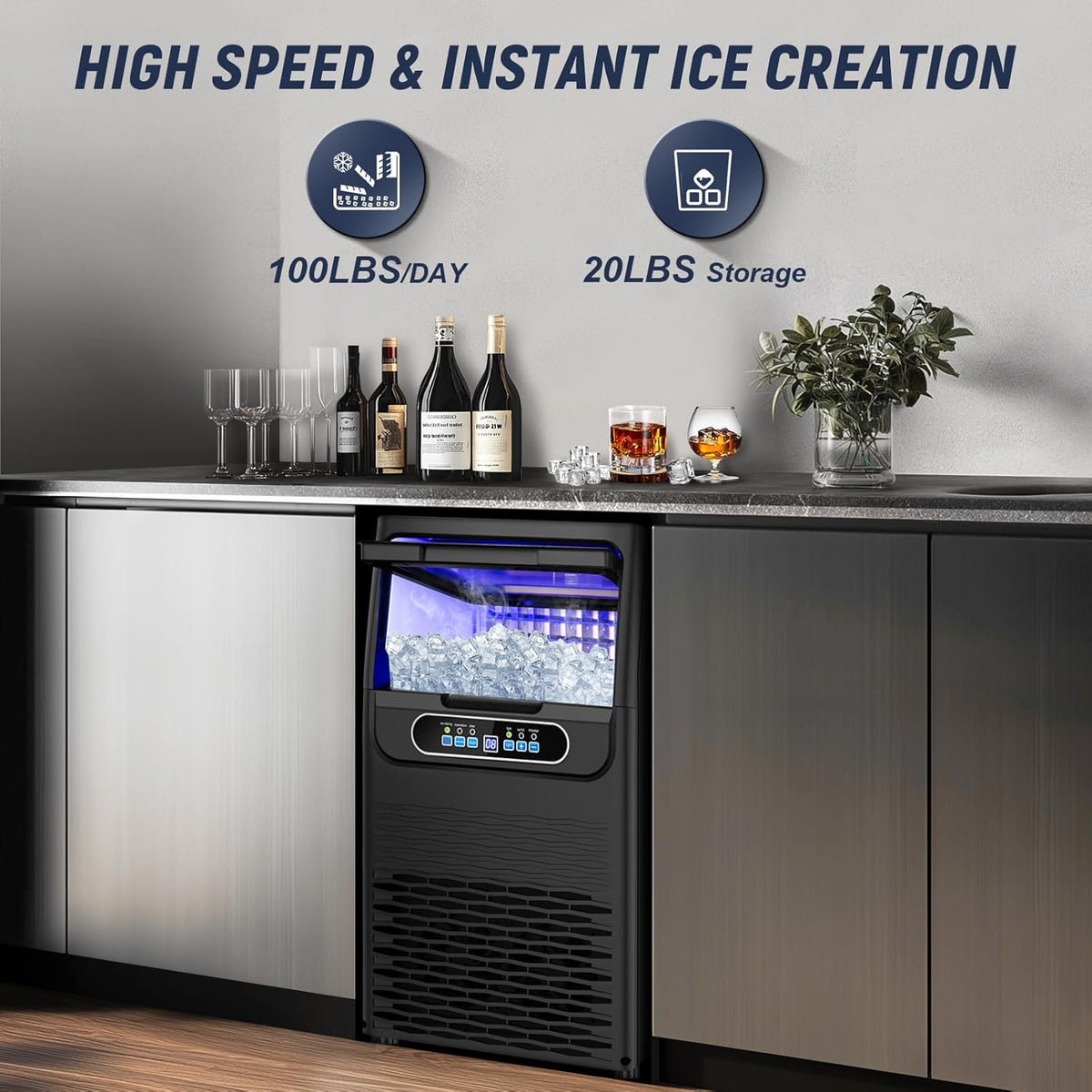 100LBS/24H High Output - Commercial Under Counter Ice Maker with 30LBS Storage - Built-in/Freestanding Design, Self-Cleaning & 24H Timer - for Home Bars Outdoor