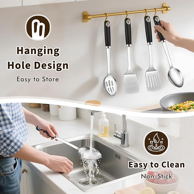 4 Pcs Cooking Utensils Set, Stainless Steel Kitchen Utensils, Heat Resistant Metal Kitchen Tools Include Solid & Slotted Turner Wok Spatula, Serving Spoon, Ergonomic Handle, Easy to Clean, Silver