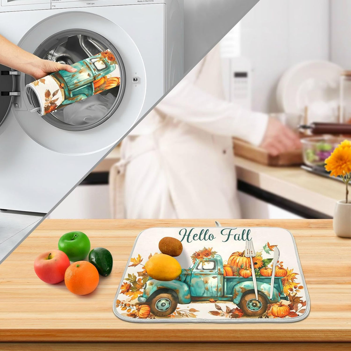 Vintage Fall Truck with Pumpkins Autumn Leaves Dish Drying Mat for Kitchen Counter Absorbent Microfiber Small Drying Pad Dish Mats for Kitchen Countertops 16 x 18 Inch