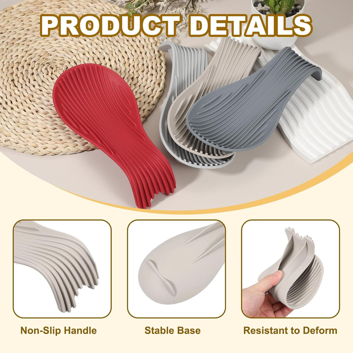 uxcell 1 Set Silicone Spoon Rest for Stove Top, Silicone Spoon Holder for Cooking Spatula, Ladle, Brush Khaki/Pink