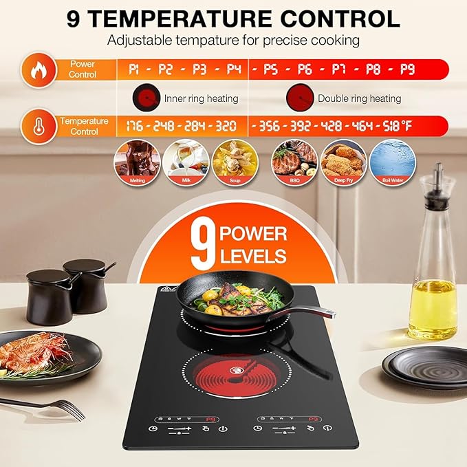 VBGK Electric Cooktop,110V 2100W 2 Burner Electric Cooktop,Countertop and Built-in Stove top with 9 Power Levels,Child Safety Lock, Timer, LED touch control,Overheat Protection
