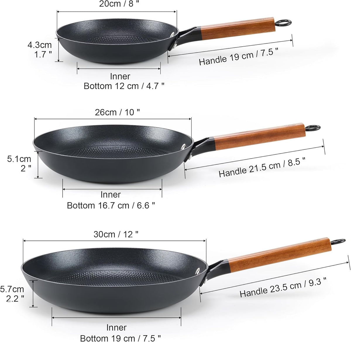 DM Cast Iron Skillet, 3 Piece Nonstick Frying Pan Set, 8” 10” 12” with Detachable Acacia Wooden Handle, Honeycomb Non stick Omelet Egg Pan, Easy Clean Oven Safe Pans for Cooking