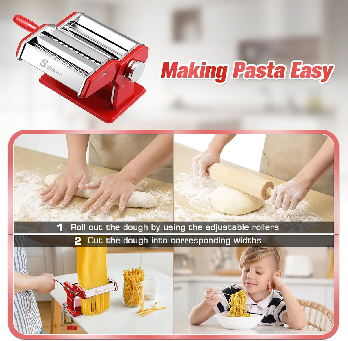 Sailnovo Pasta Maker Machine, 180 Roller Pasta Maker, 9 Adjustable Thickness Settings 2-in-1 Noodles Maker with Rollers and Cutter, Perfect for Spaghetti, Fettuccini, Lasagna or Dumpling Skin Red