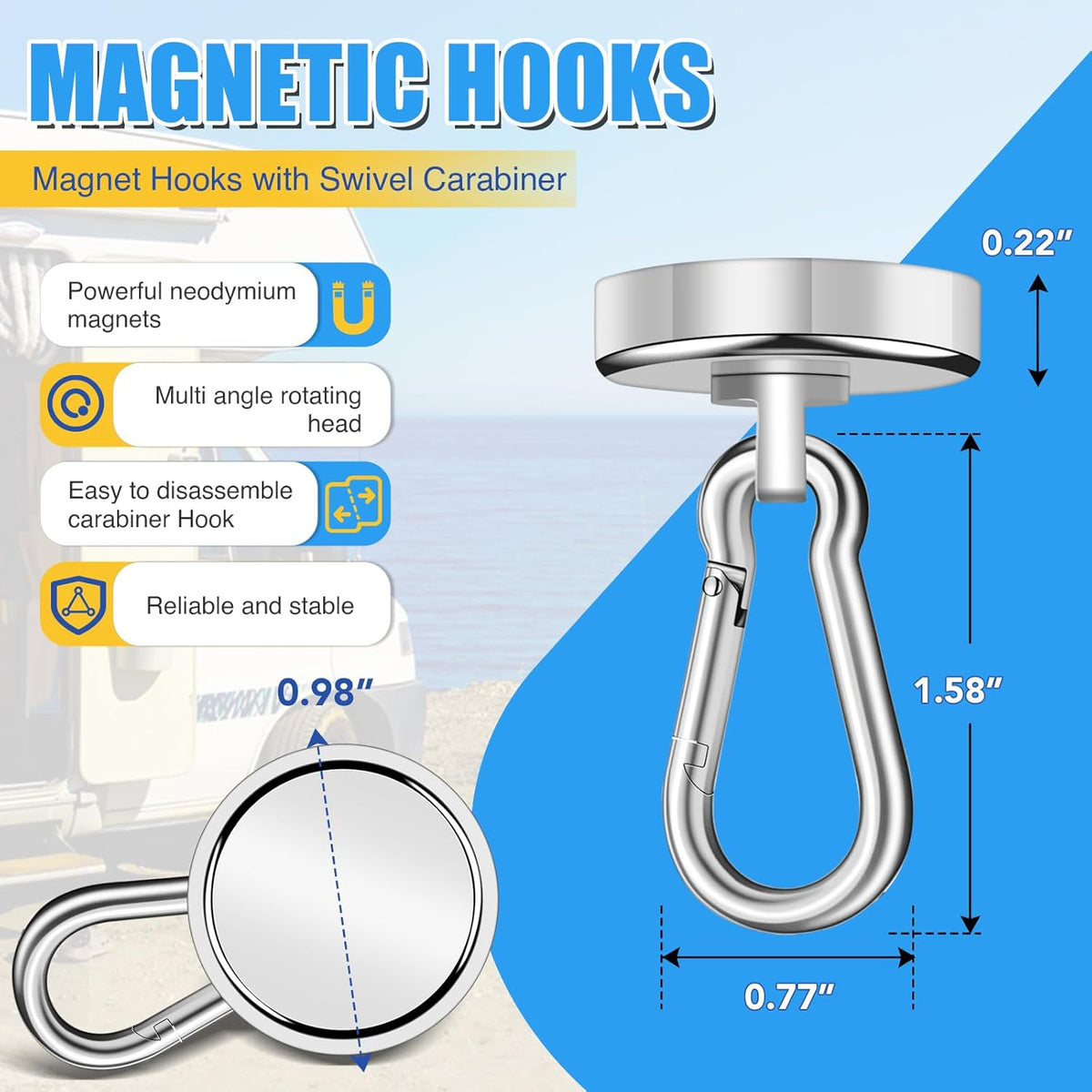 Magnetic Hooks, 70Lbs Heavy Duty Magnetic Hooks with Swivel Carabiner for Cruise Cabins, 6 Pack Extral Strong Neodymium Magnet Hooks for Hanging, Metal Magnetic Hanger for Toolbox, Grill, Fridge