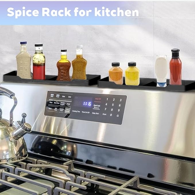 30 Inch Magnetic Silicone Stove Top Shelf,Heat Resistant Over The Stove Spice Rack for Kitchen,Space Saving Organizer Back of Stove,Includes 6 Additional Sticky Boards(Black,30''x3.8'')