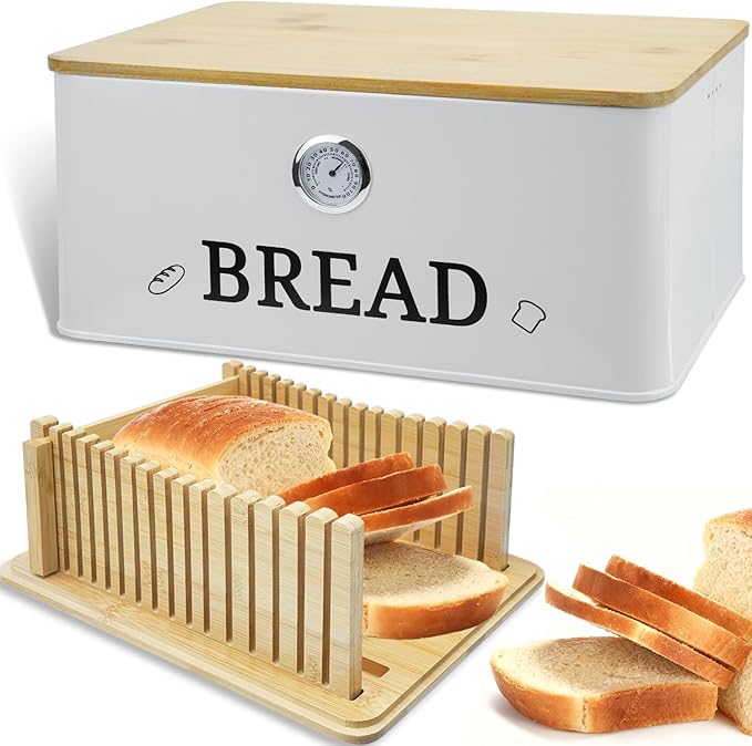 White Bread Box for Kitchen Countertop with Bamboo lid, Hygrometer Kitchen Organizer for Sourdough, Buns, and Loaves, Bread Storage Container with Cutting Board Lid