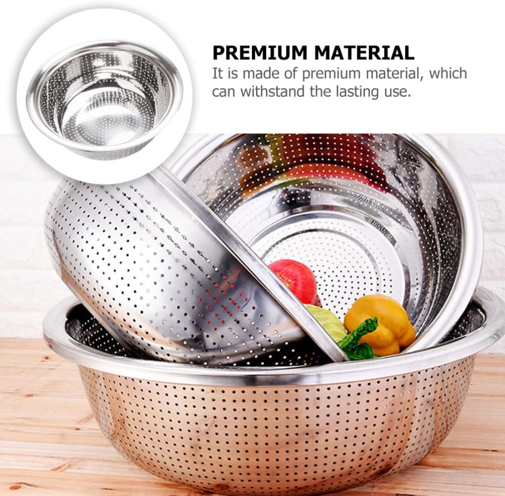 Hemoton Stainless Steel Rice Washing Bowl Kitchen Strainer Colander Bowl Fruit Vegetable Washing Basket for Rice Food Pasta Colander Drain Basket (Silver)