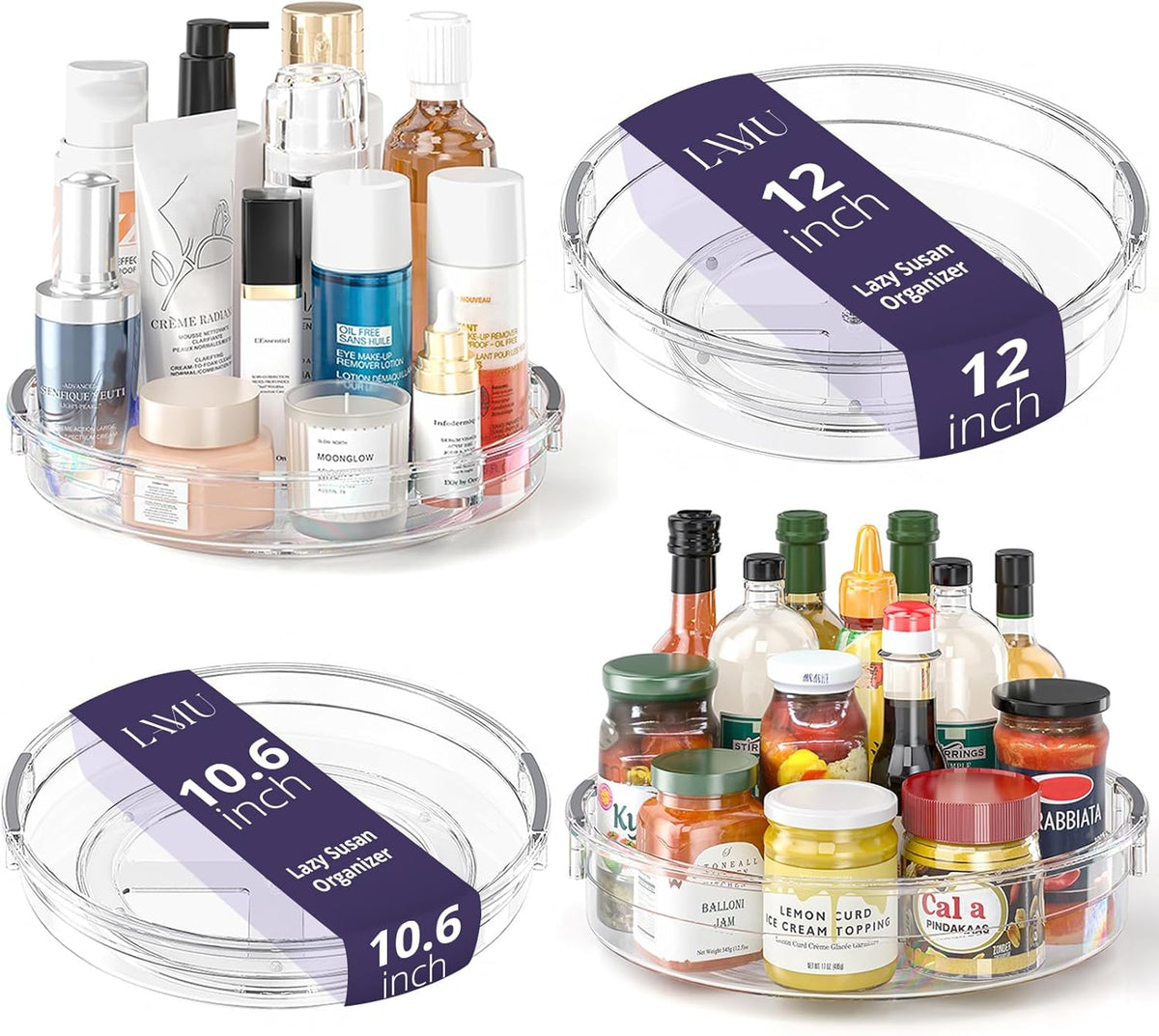 LAMU 4 Pack Lazy Susan Organizer, Clear Lazy Susan Turntable for Cabinet, Refrigerator, Table Top, Kitchen, Bathroom, Pantry Organizers and Storage, 2 Sizes Included 12in, 10.6in