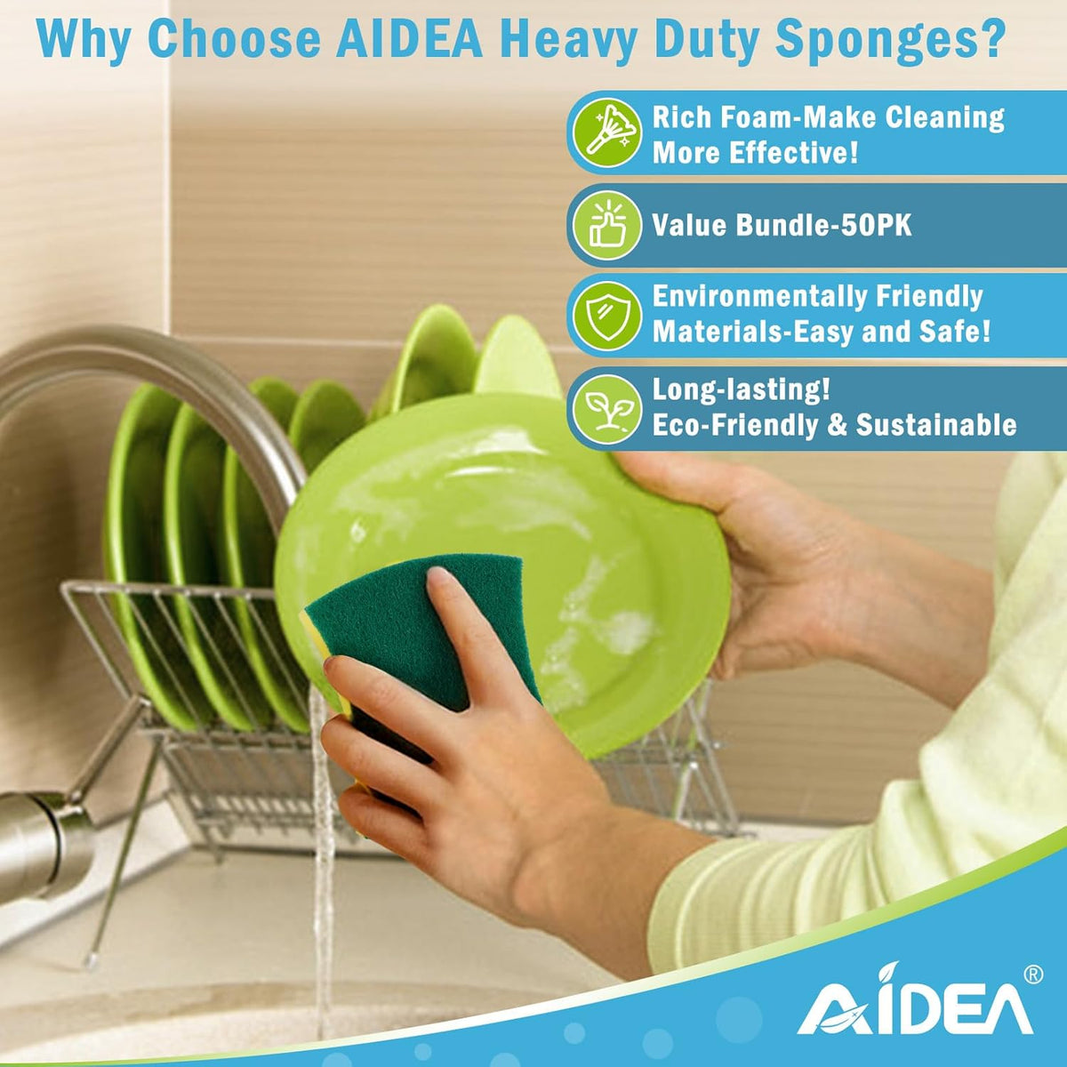 AIDEA Sponges Kitchen, 50 Pack Heavy Duty Dish Sponge, Cleaning Dish Scrubber Sponge for Home and Kitchen, Stink-Free Cleaning Supplies for Pots, Pans