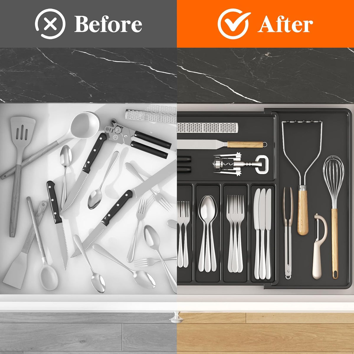 Lifewit Silverware Drawer Organizer, Expandable from 18.7 to 33 inches, Adjustable Utensil Tray for Kitchen, Large Cutlery Holder, Plastic Flatware Storage for Spoons Forks Knives, Black