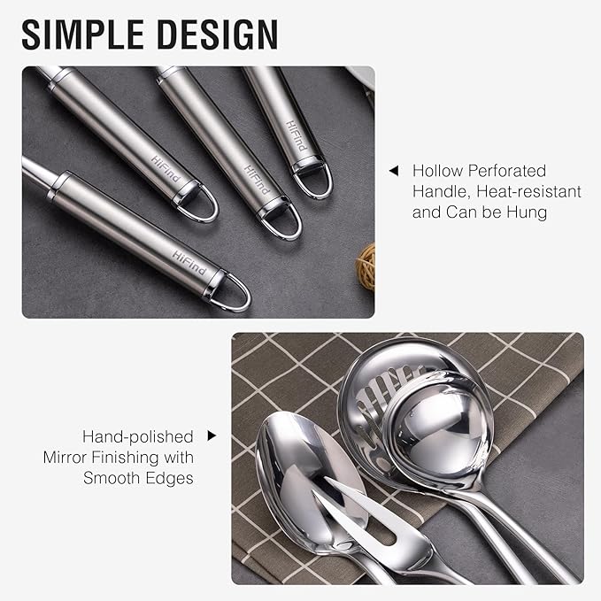 Stainless Steel Cooking Utensils 7PCS Kitchen Utensils Set, Heat Resistant Handle Utensils Set Included Ladle, Meat Fork, Slotted Spatula, Pasta Fork, Masher, Solid Spoon, Skimmer Spoon