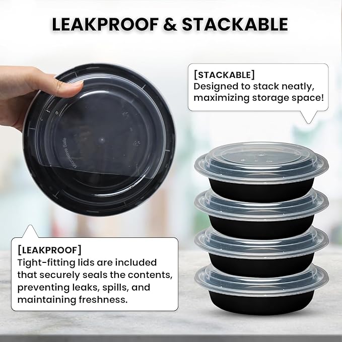 Klex 16 Oz, 50 Sets Meal Prep Containers with Airtight Lids, BPA Free, Reusable Plastic Food Container, 16 oz, Round, Black/Clear, 50 Sets